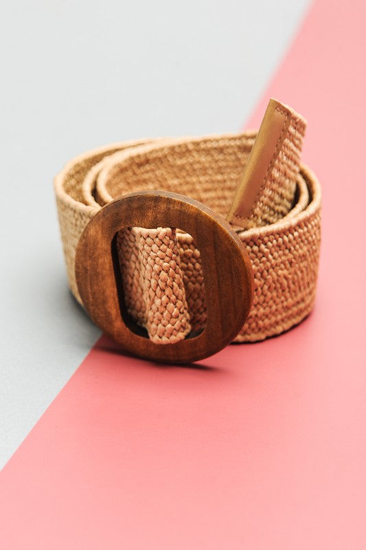 Wooden Buckle Rattan Stretch Waist Belt - Tan