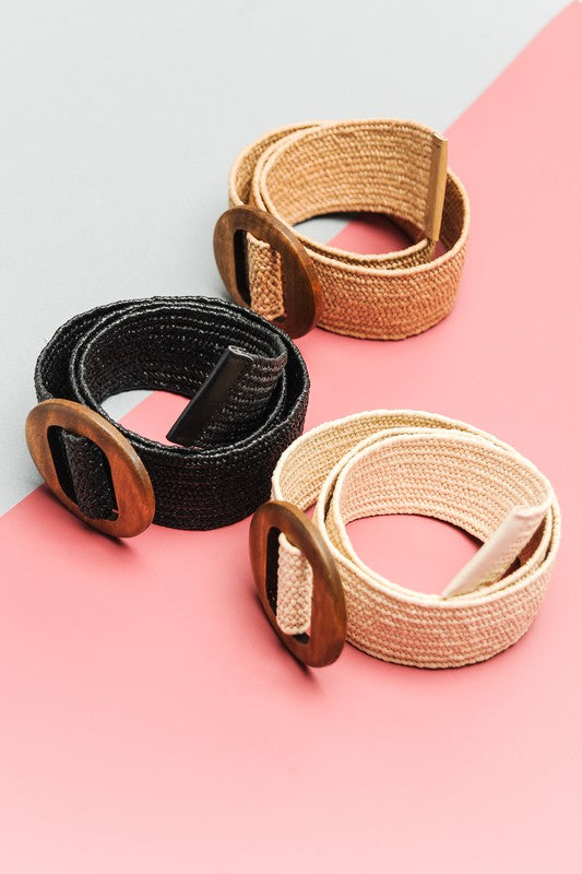 Wooden Buckle Rattan Stretch Waist Belt - Tan